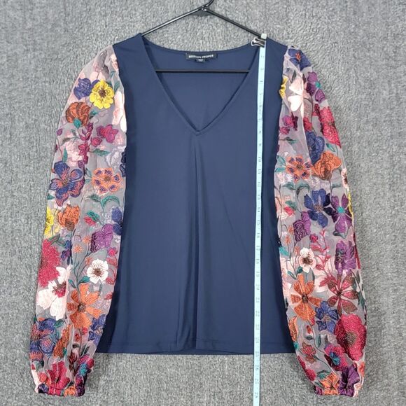 Boston Proper Blouse Womens Medium Blue Mesh Embroidered Floral Long Sleeve Top - Picture 3 of 12